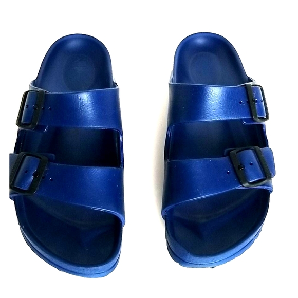 blue plastic birkenstocks